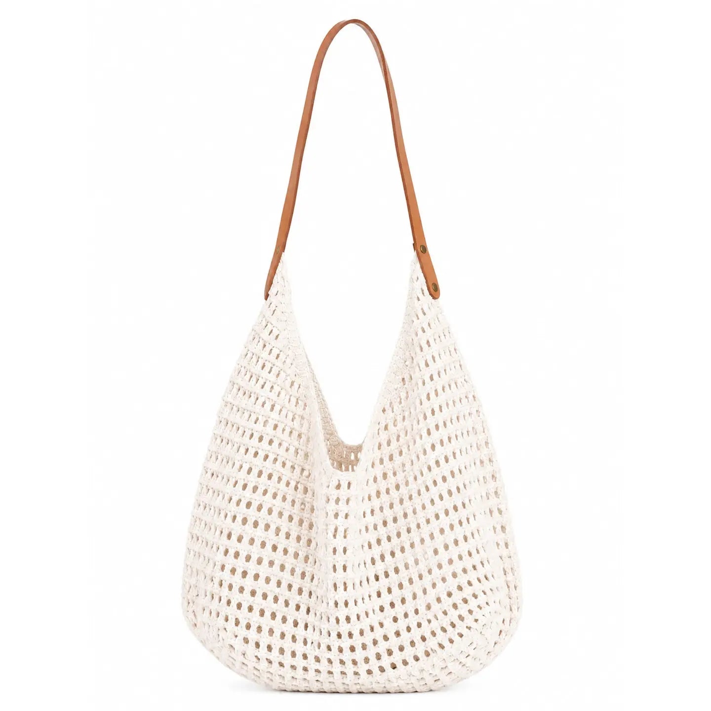 Crochet Shoulder Bag with Faux Leather Strap - Ivory White