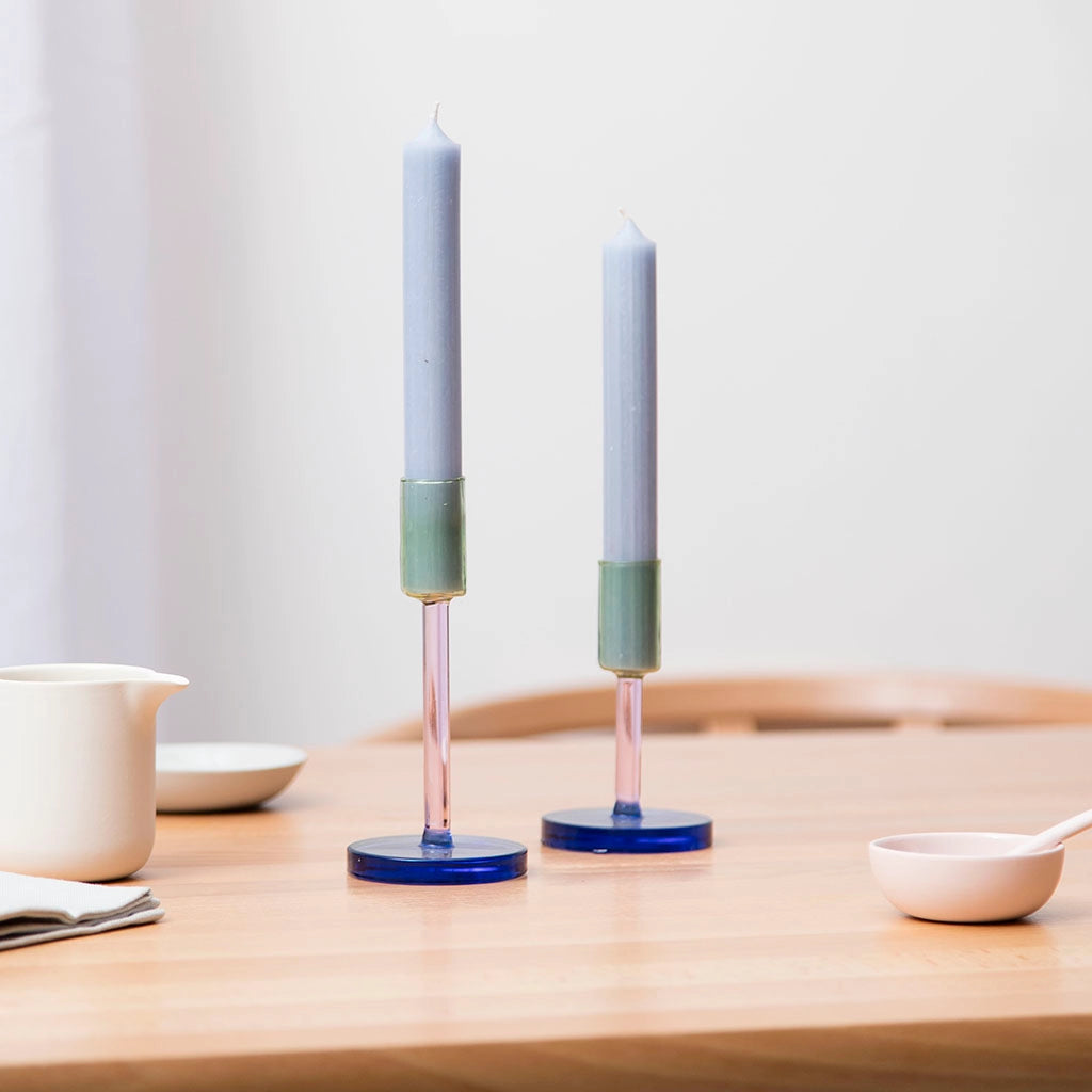 Glass Candlestick - Green & Pink