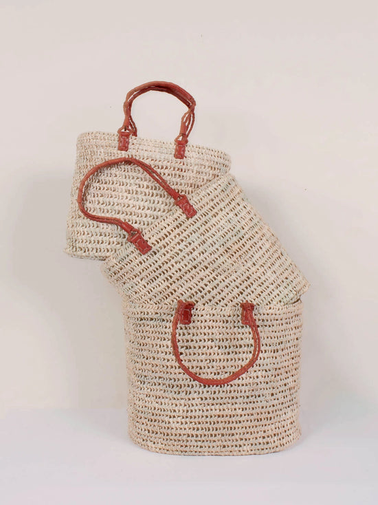 Pleated Leather Handle Basket - Terracotta