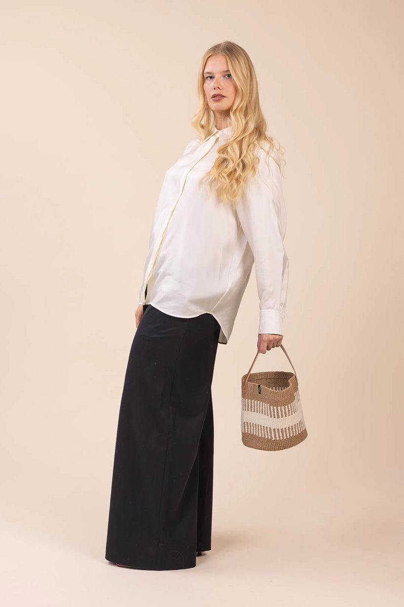 Pamba Basket - White Rib Weave with Handle - Small