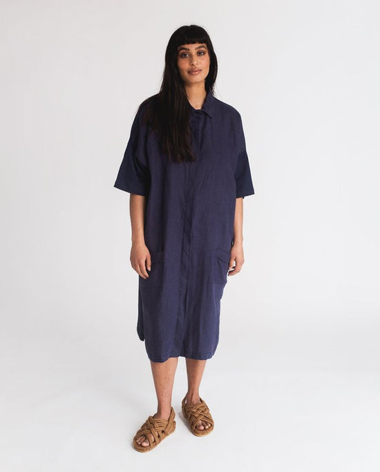 Natasha-May Organic Cotton & Linen Dress - Navy