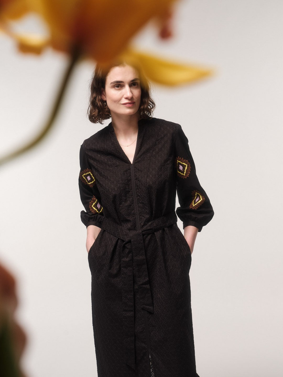 Midi Dress with Embroidery - Black