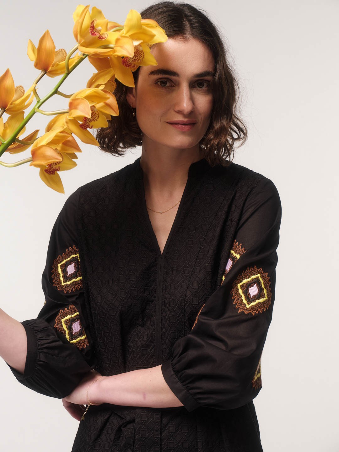 Midi Dress with Embroidery - Black