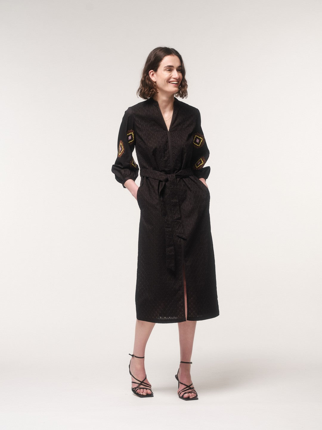 Midi Dress with Embroidery - Black