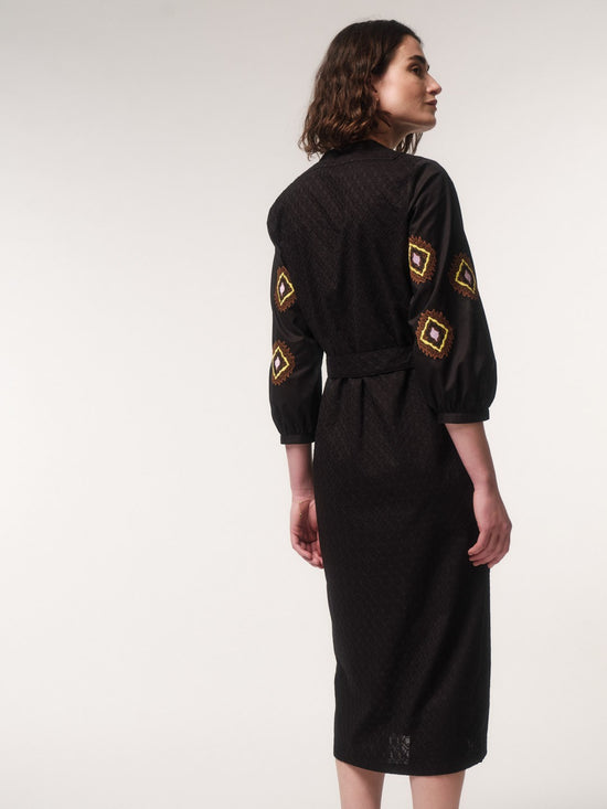 Midi Dress with Embroidery - Black
