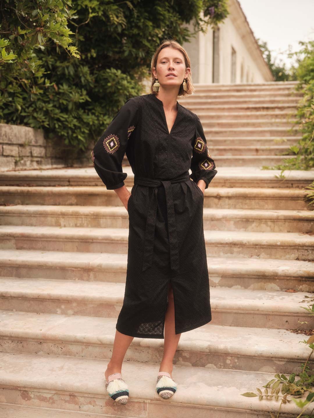 Midi Dress with Embroidery - Black