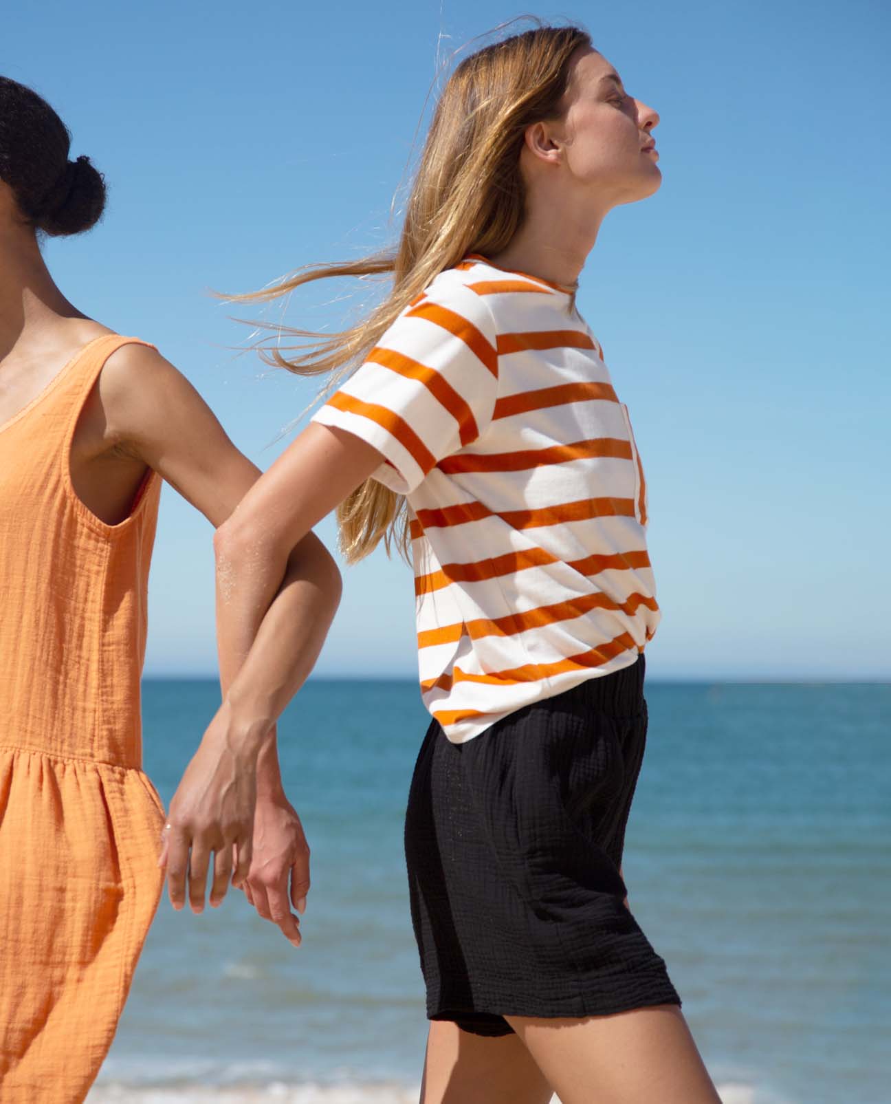 Load image into Gallery viewer, Sarita-Sue Organic Cotton Stripe T-Shirt - White &amp;amp; Sunset Orange
